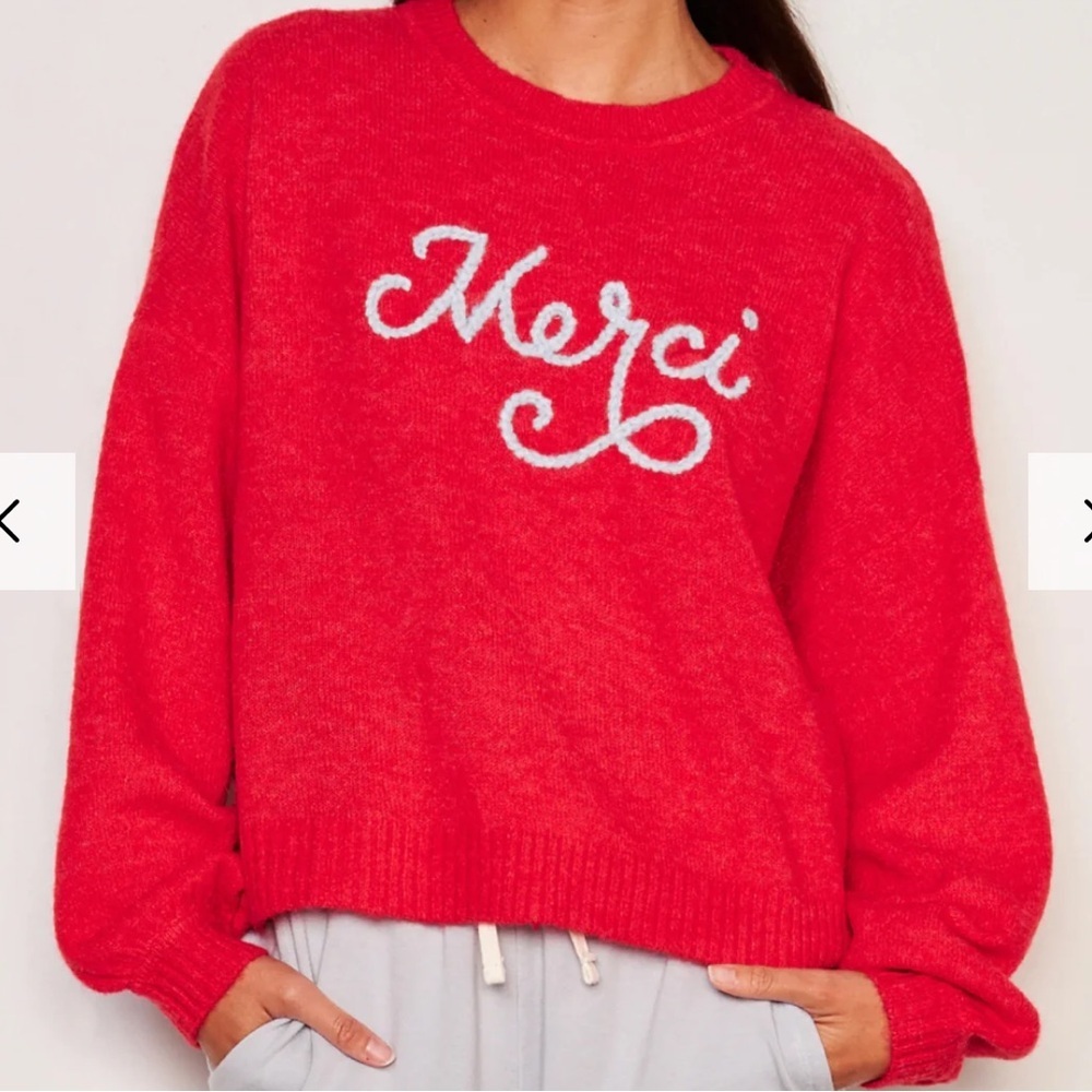 Sundry Red "Merci" Crewneck Sweater